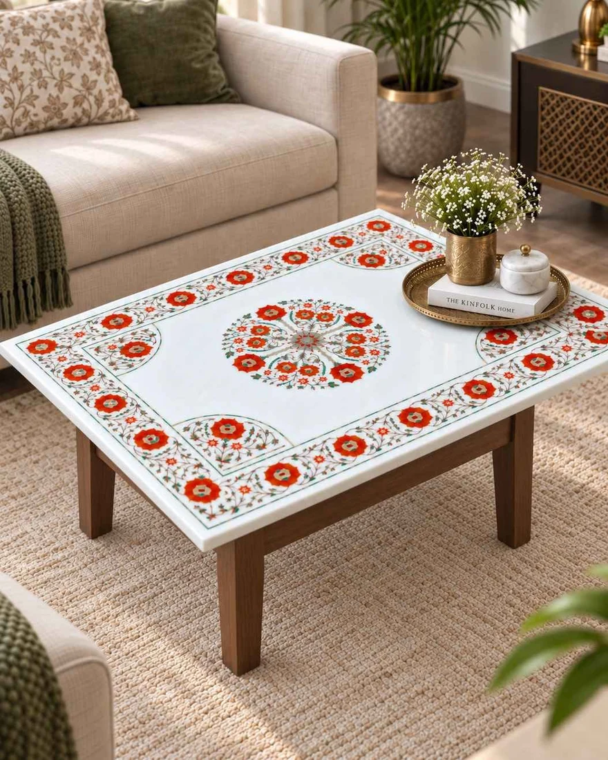 Handmade rectangular marble inlay coffee table from Decor Crafter