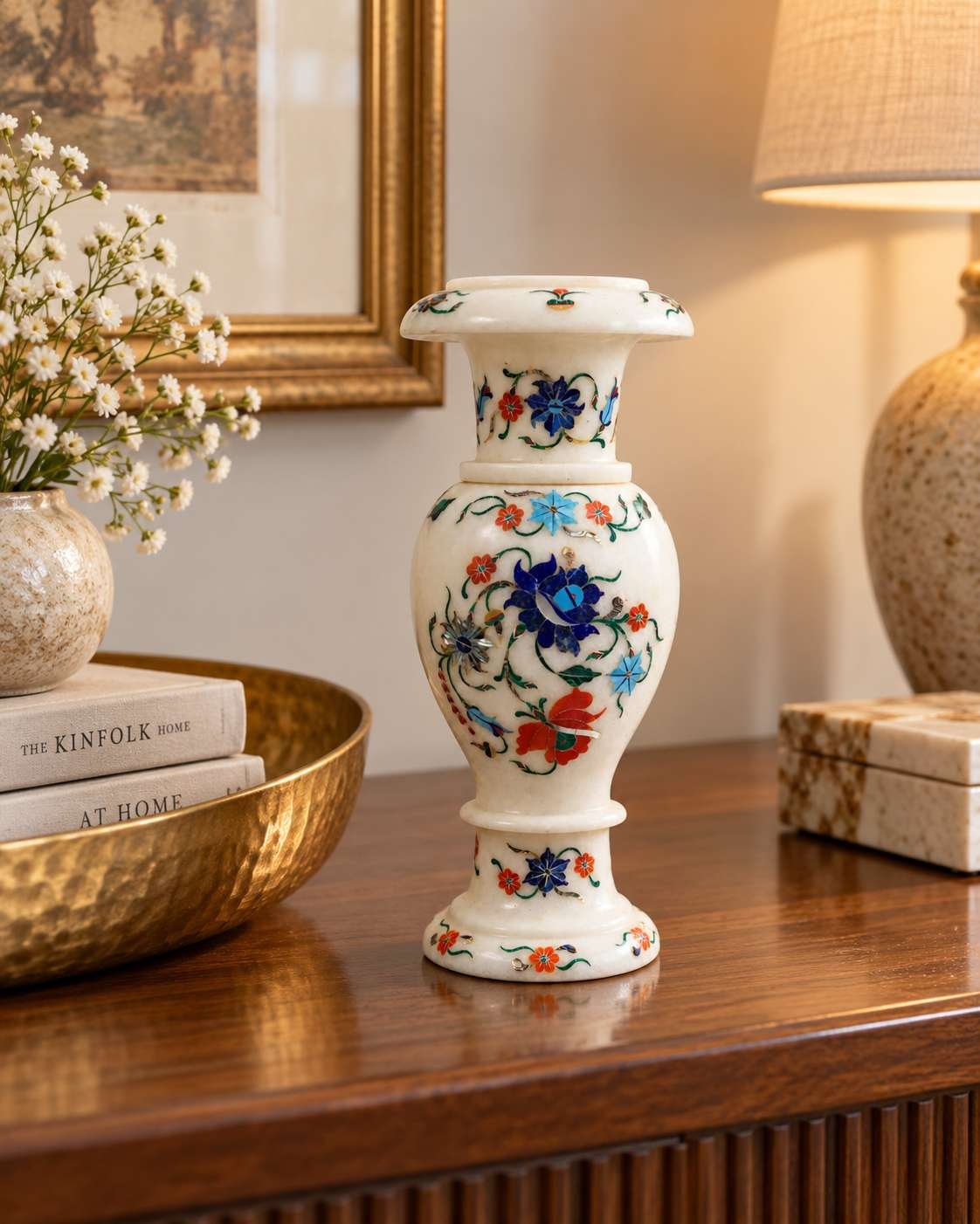 10-Inch Lapis Lazuli & Carnelian Floral Marble Inlay Vase