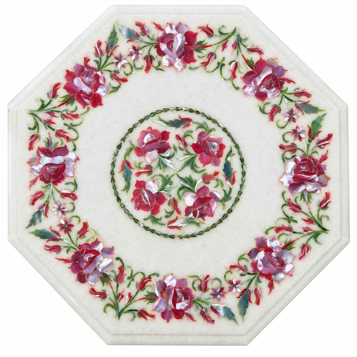12-Inch Octagonal Pink & Natural Mother of Pearl Marble Inlay Table Top
