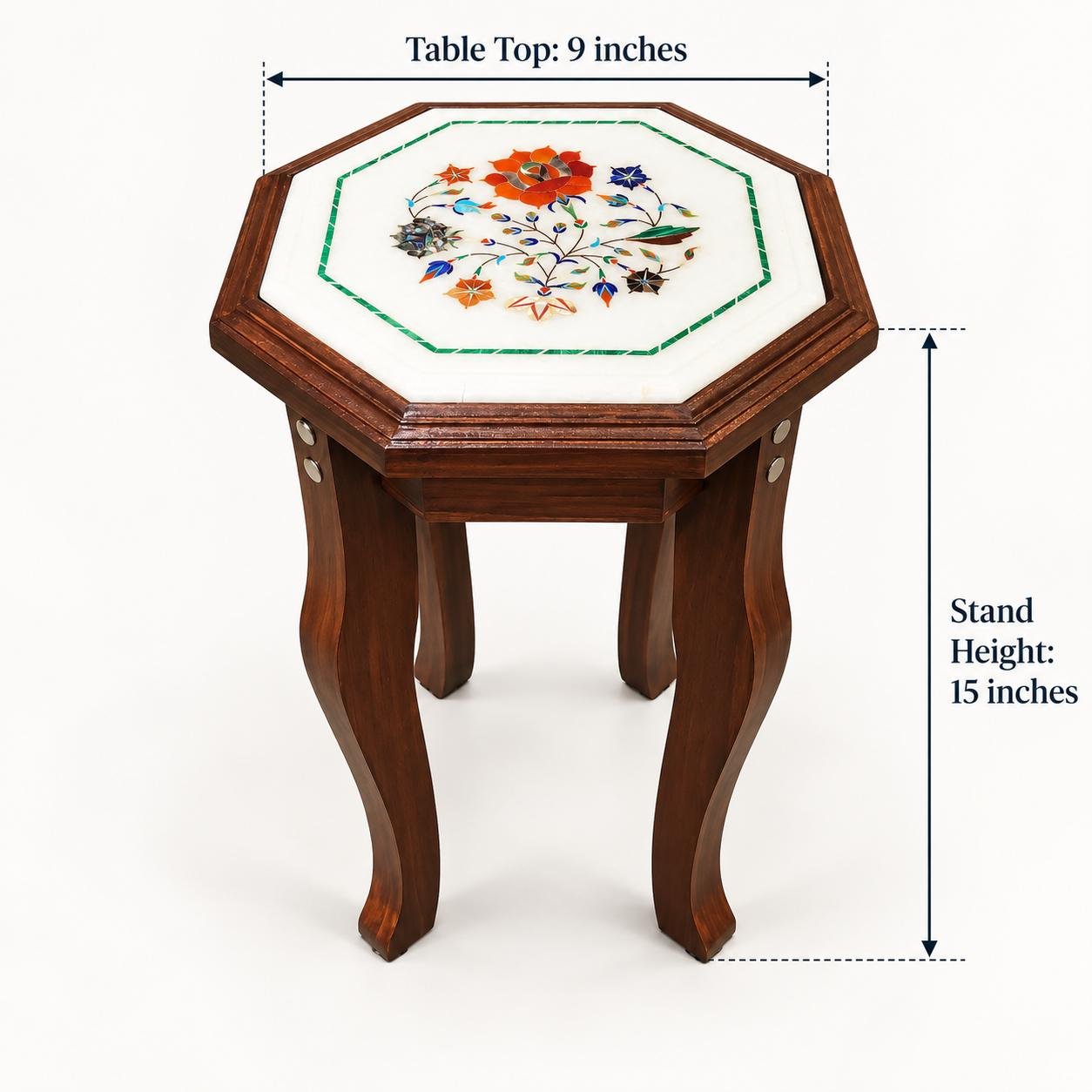 9-Inch Octagonal Flower Bouquet & Malachite Border Marble Inlay Table Top | Wooden Stand Option