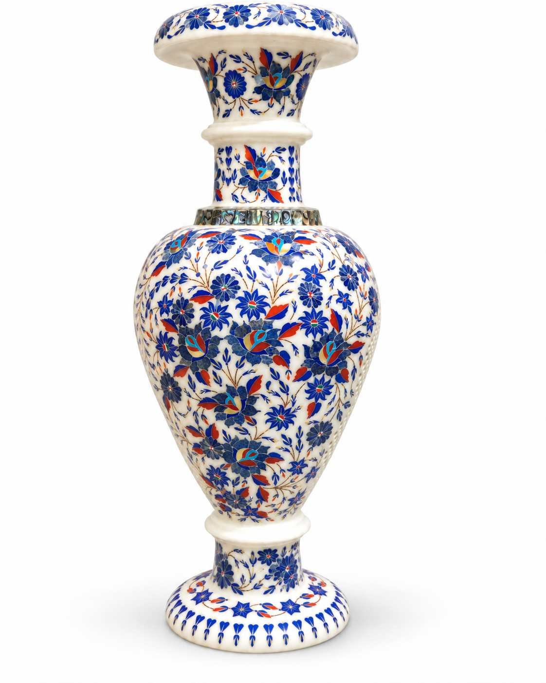 24-Inch Lapis Lazuli Floral Marble Inlay Vase with Jali Panels