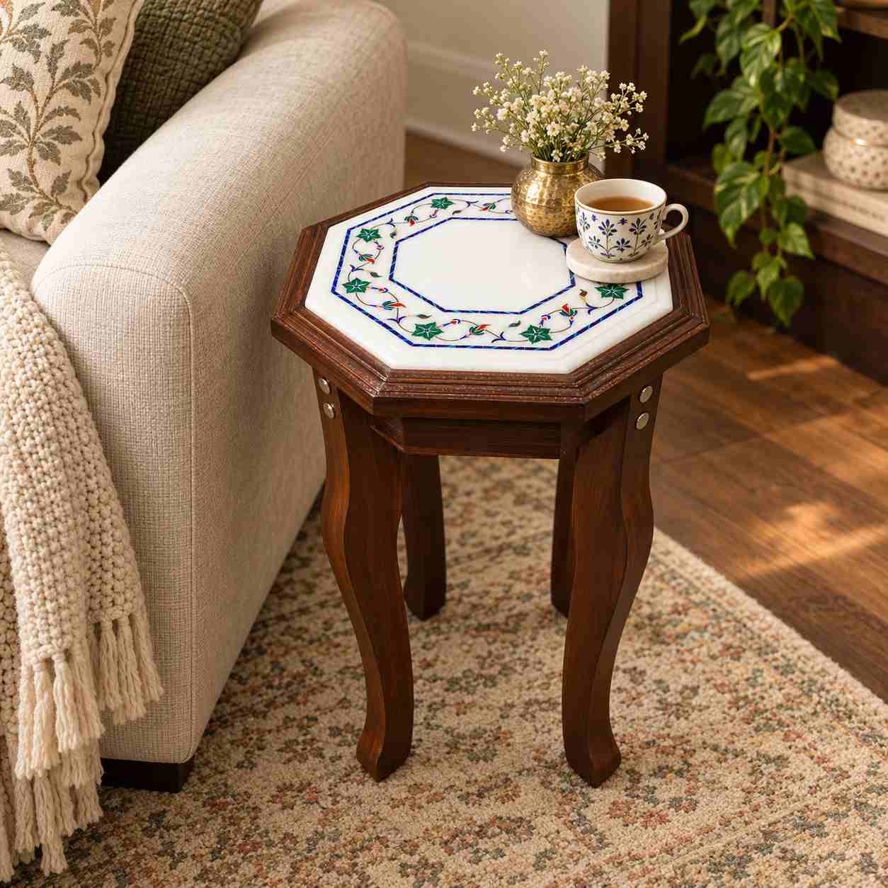 9-Inch Octagonal Malachite Star Border Marble Inlay Table Top | Wooden Stand Option