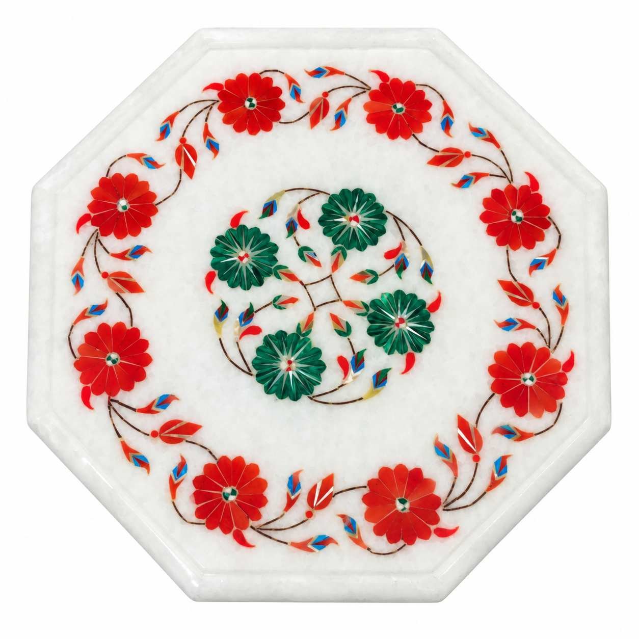 9-Inch Octagonal Carnelian & Malachite Floral Wreath Marble Inlay Table Top | Wooden Stand Option