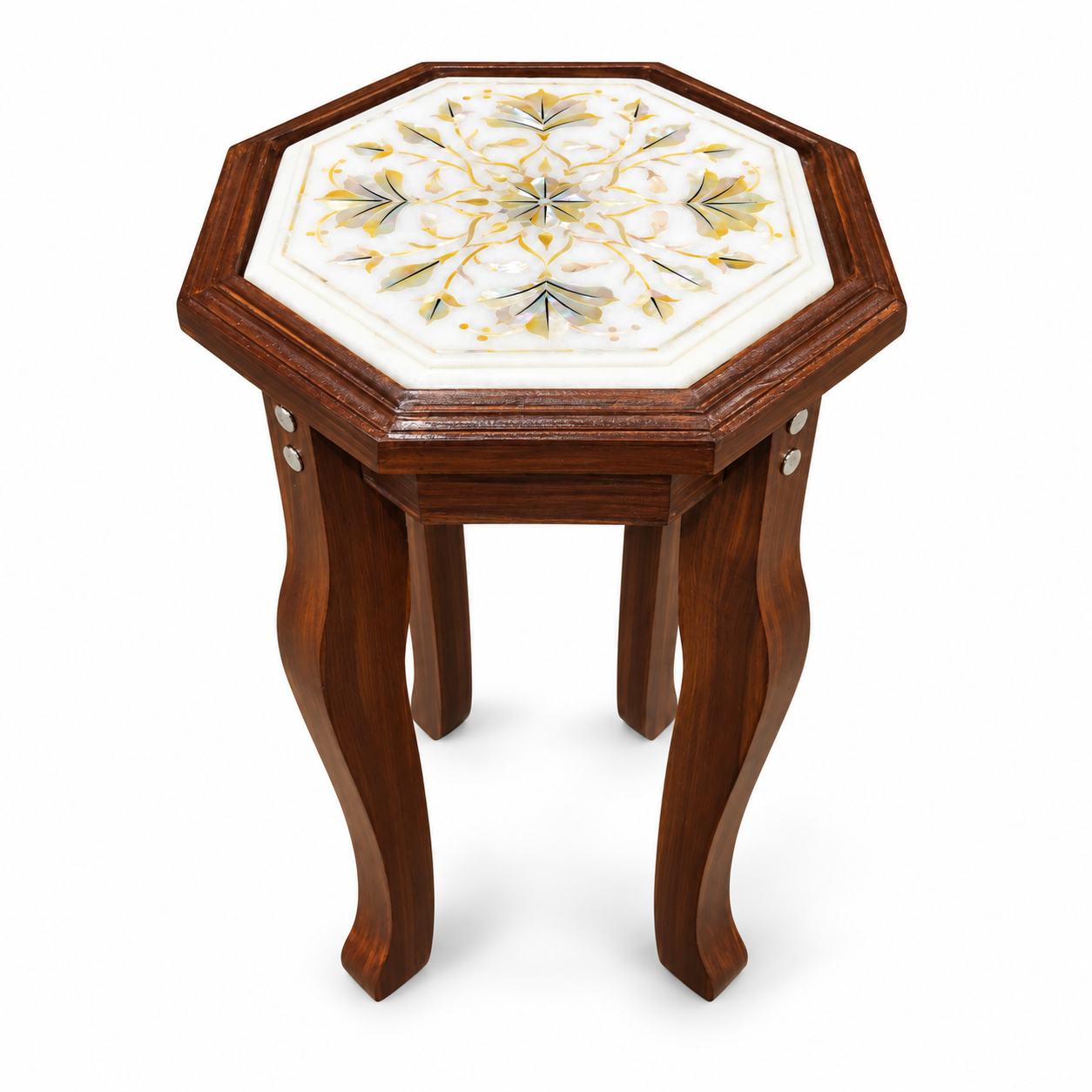 9-Inch Octagonal Fine Floral Mother Of Pearl Marble Inlay Table Top | Wooden Stand Option