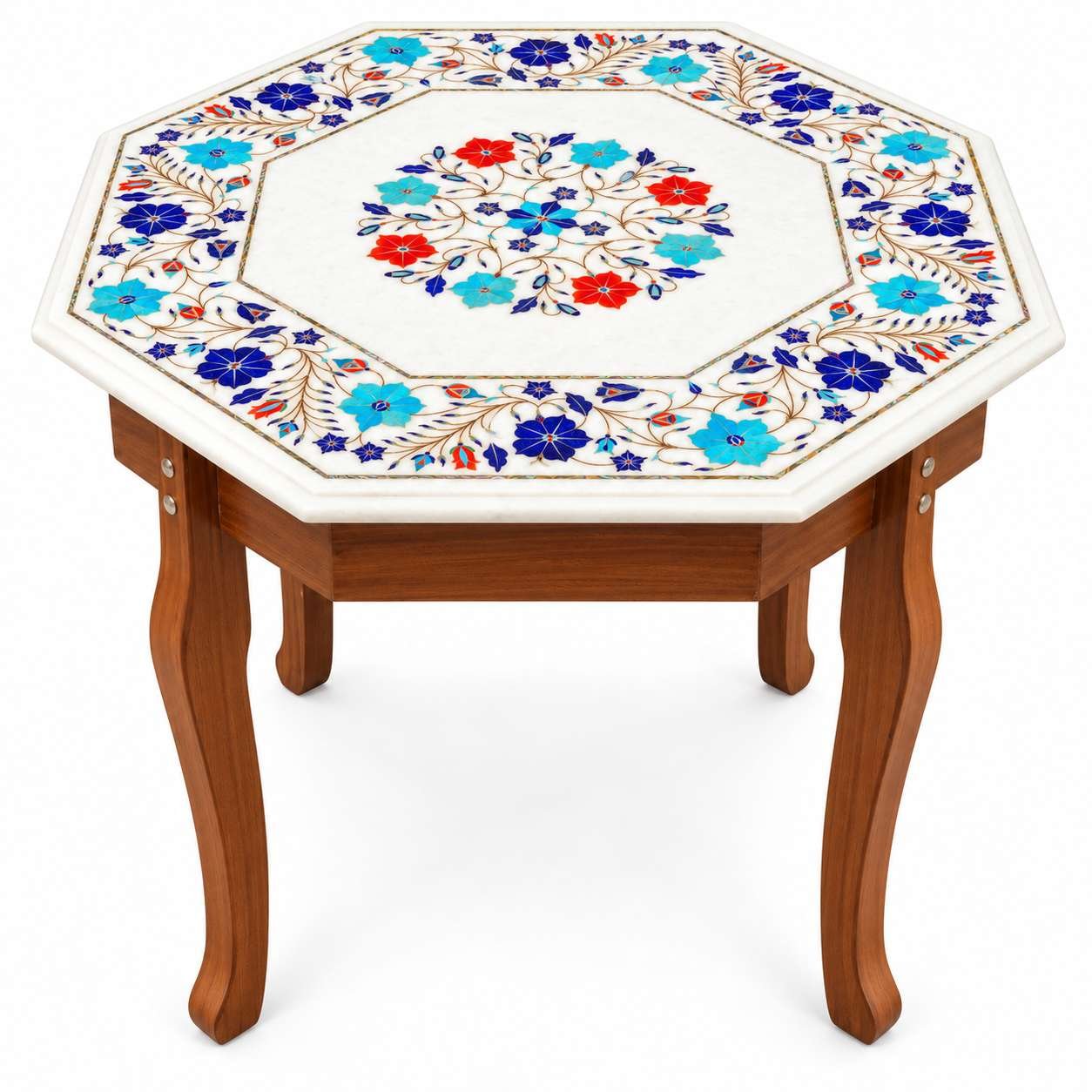 22-Inch Lapis Lazuli & Carnelian Floral Wreath Marble Inlay Table Top