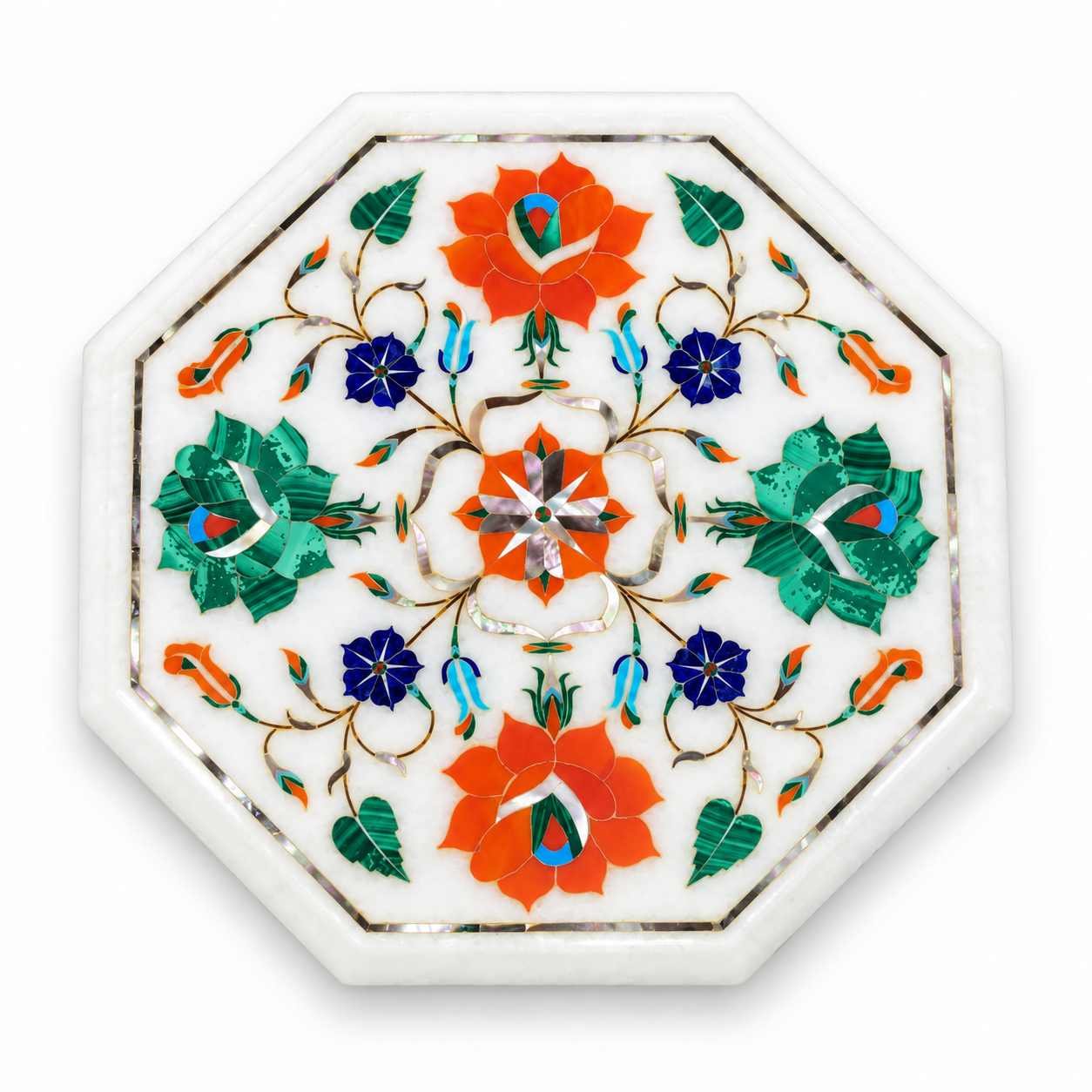 9-Inch Octagonal Carnelian & Malachite Garden Marble Inlay Table Top | Wooden Stand Option