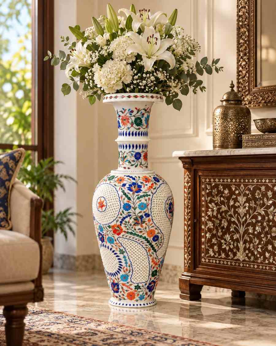24-Inch Floral Marble Inlay Vase with Paisley Jali Carving