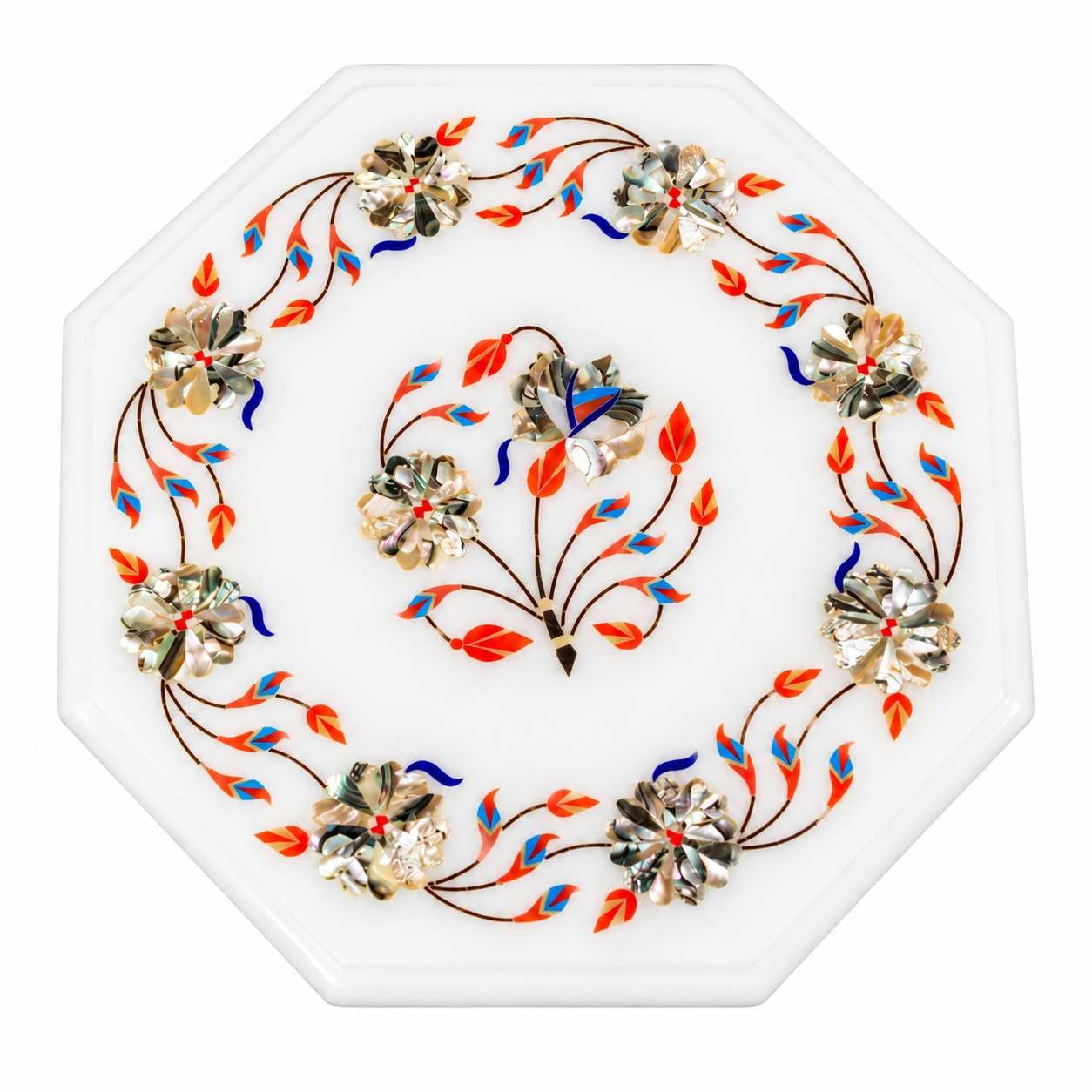 9-Inch Octagonal Carnelian & Lapis Floral Garland Marble Inlay Table Top | Wooden Stand Option