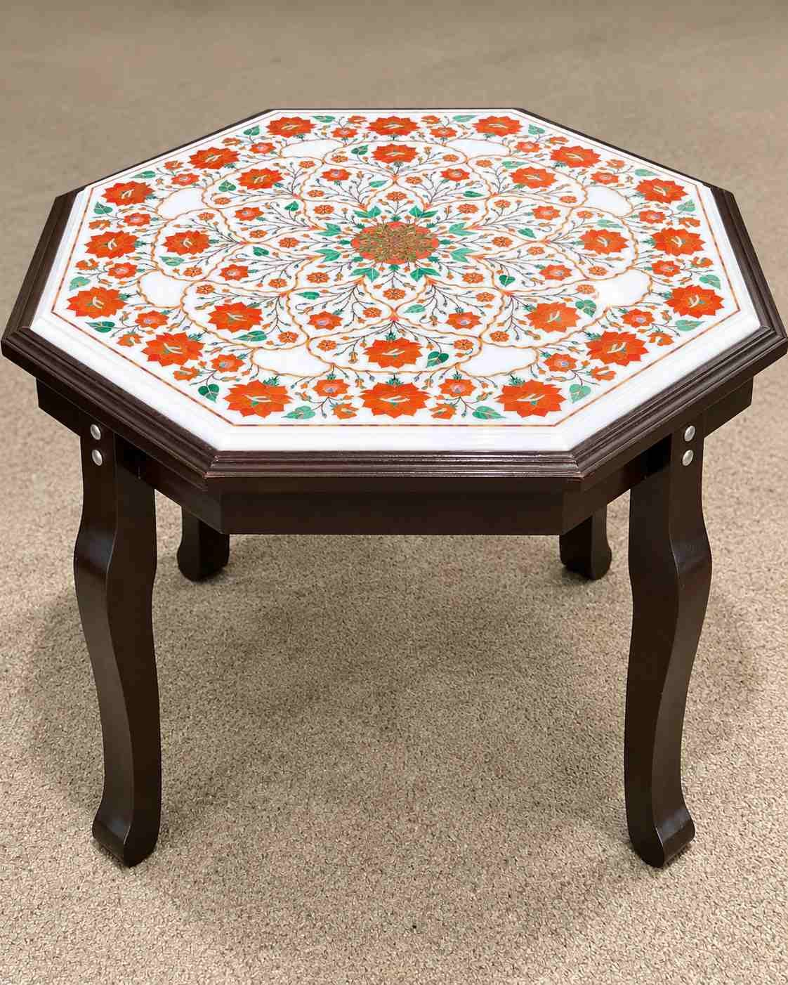 24-Inch Octagonal Carnelian Blossom Marble Inlay Table Top