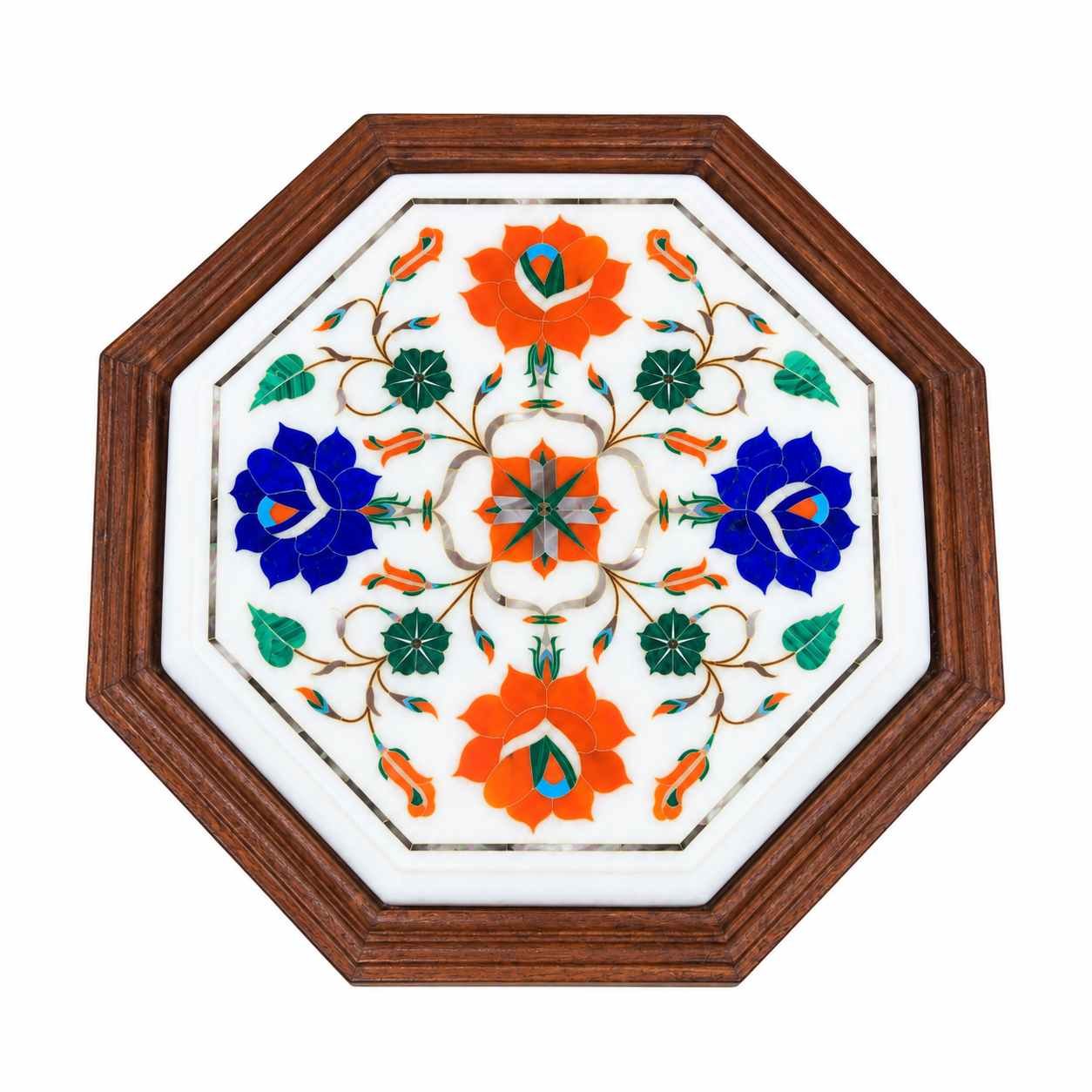 9-Inch Octagonal Carnelian & Lapis Lazuli Marble Inlay Table Top | Optional Wooden Stand