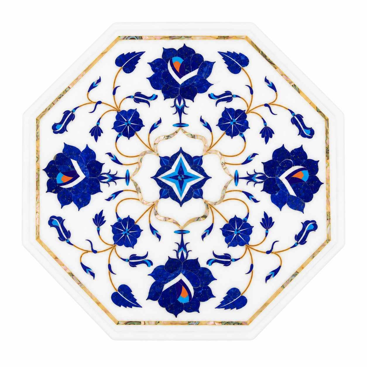 9-Inch Octagonal Lapis Lazuli Star & Floral Marble Inlay Table Top | Wooden Stand Option