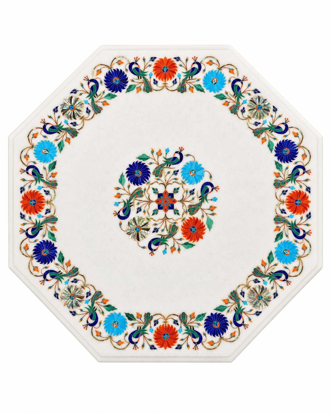 22-Inch Peacock & Floral Border Marble Inlay Table Top