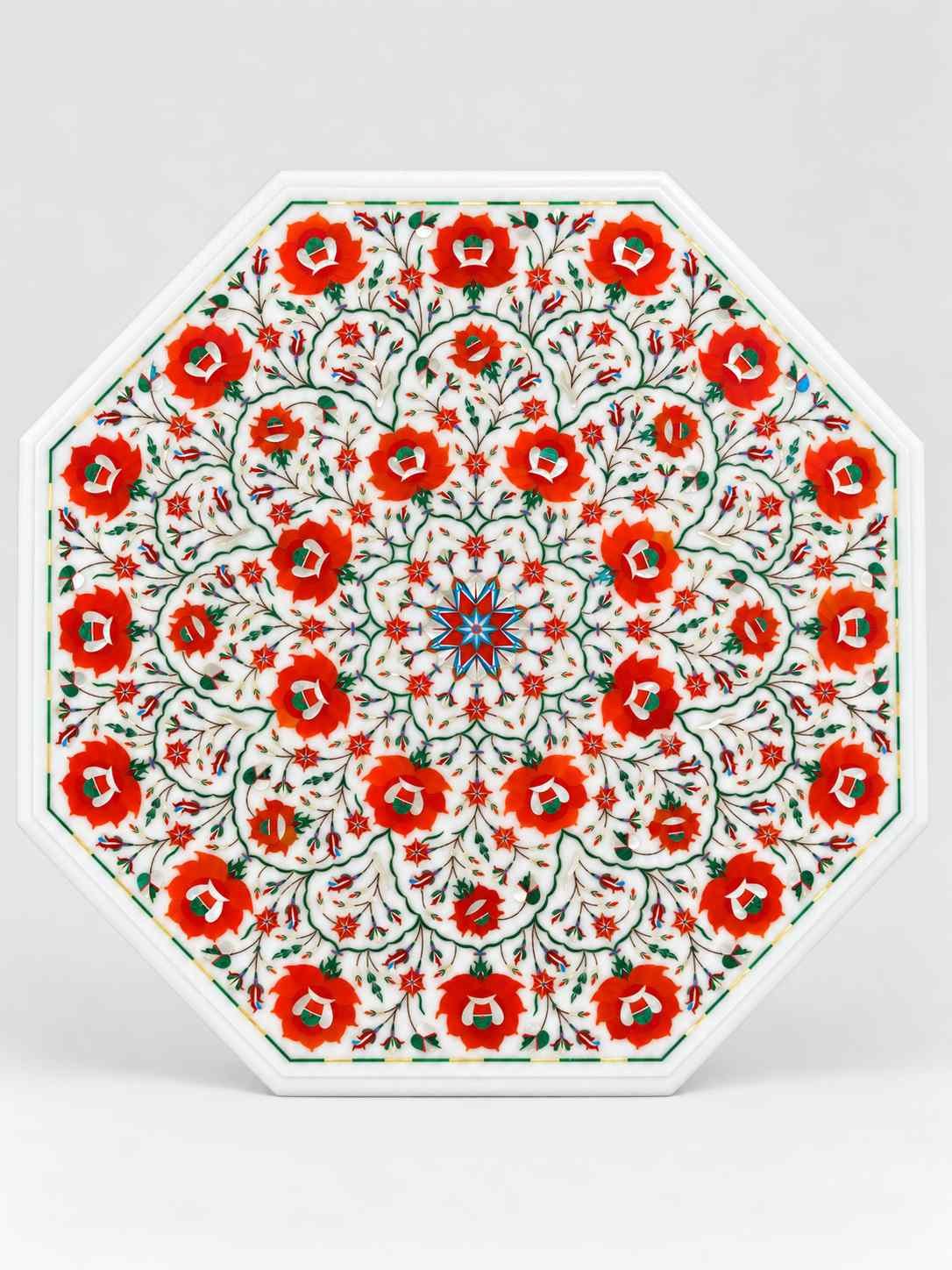 24-Inch Carnelian & Malachite Star Medallion Marble Inlay Table Top