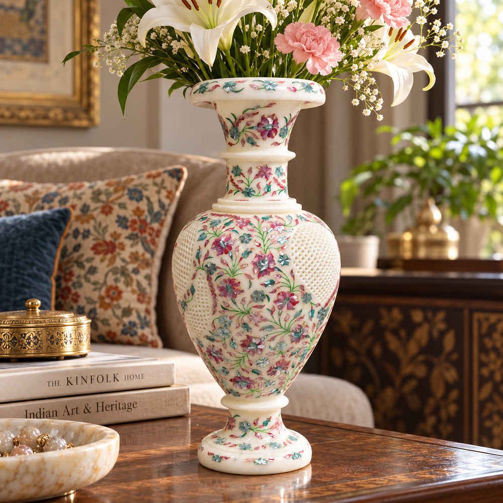 24-Inch Mother of Pearl Inlay Marble Vase with Floral Jali Carving