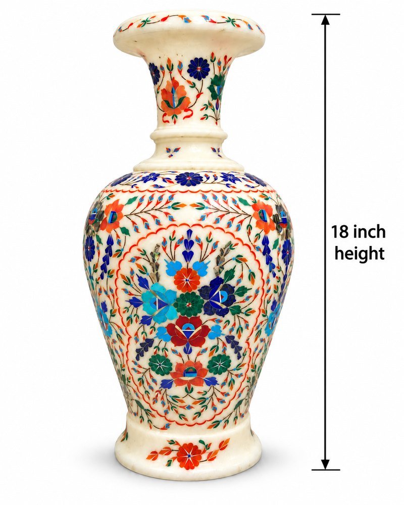 18-Inch Floral Medallion Marble Inlay Vase with Scalloped Borders