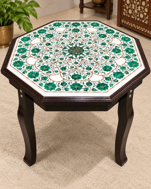 24-Inch Octagonal Malachite Floral Arabesque Marble Inlay Table Top