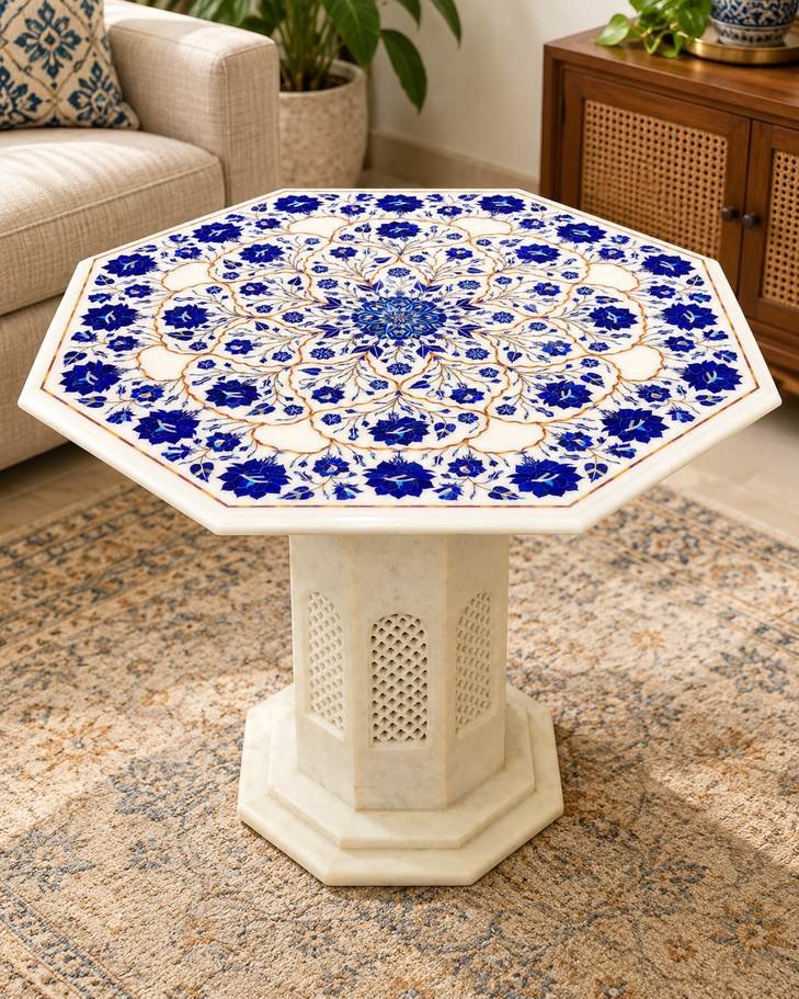24-Inch Octagonal Lapis Lazuli Floral Rosette Marble Inlay Table Top