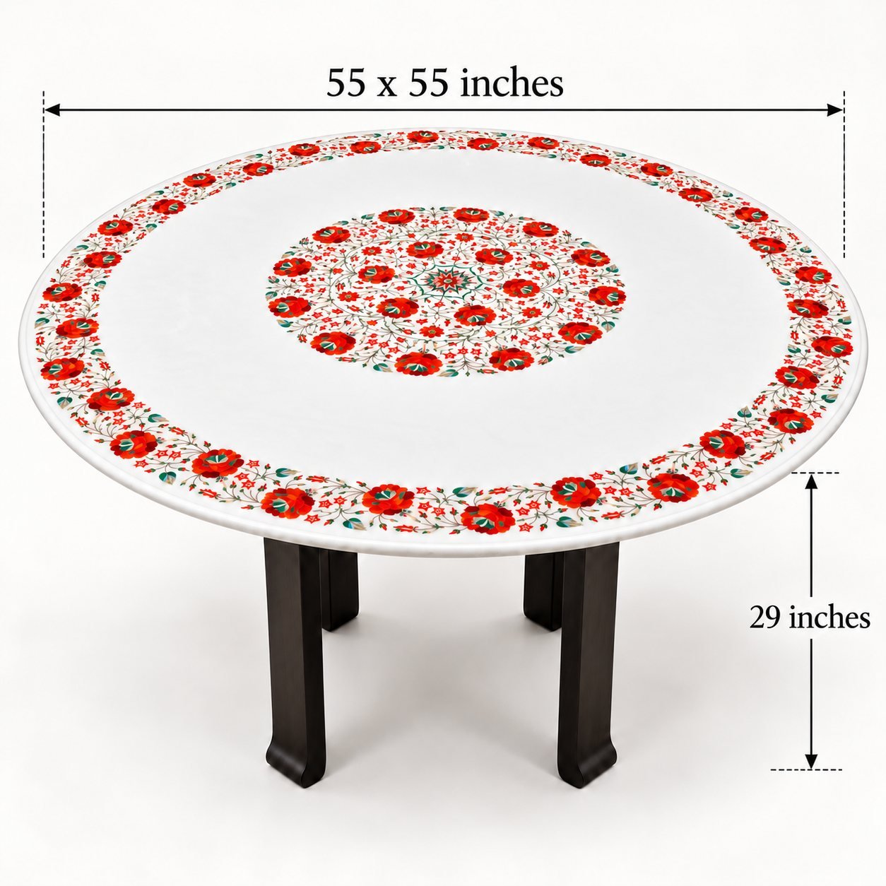 55-Inch Round Carnelian & Malachite Floral Marble Inlay Dining Table Top