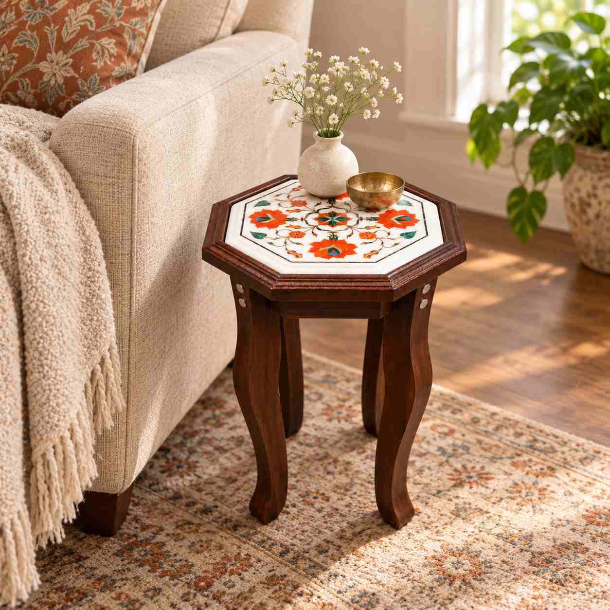 9-Inch Octagonal Carnelian Blossom & Vine Marble Inlay Table Top | Wooden Stand Option