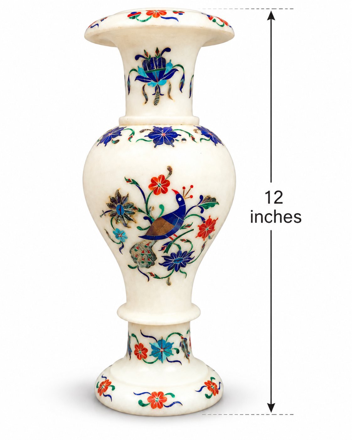 12-Inch Peacock Marble Inlay Vase with Lapis Lazuli