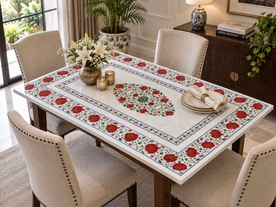 2.5X4 feet Rectangle White Marble Inlay Dining Table