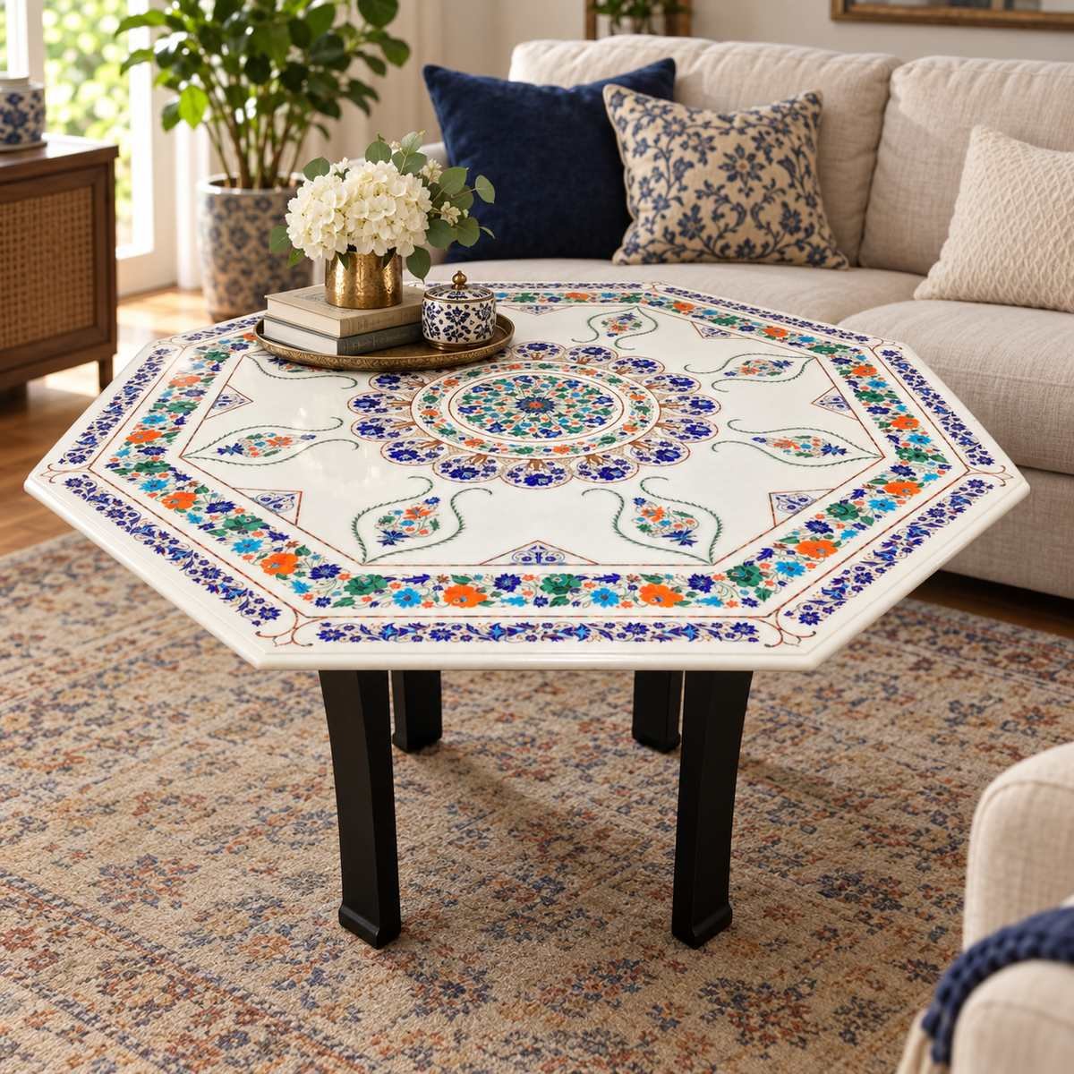 48-Inch Octagonal Pietra Dura Marble Inlay Dining Table Top