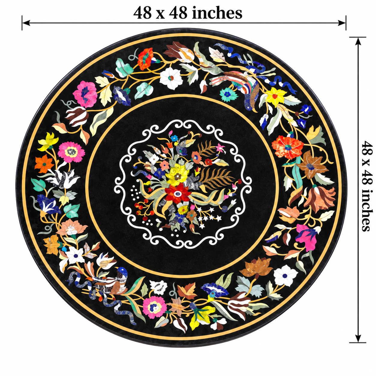 48-Inch Round Floral Pietra Dura Marble Dining Table Top