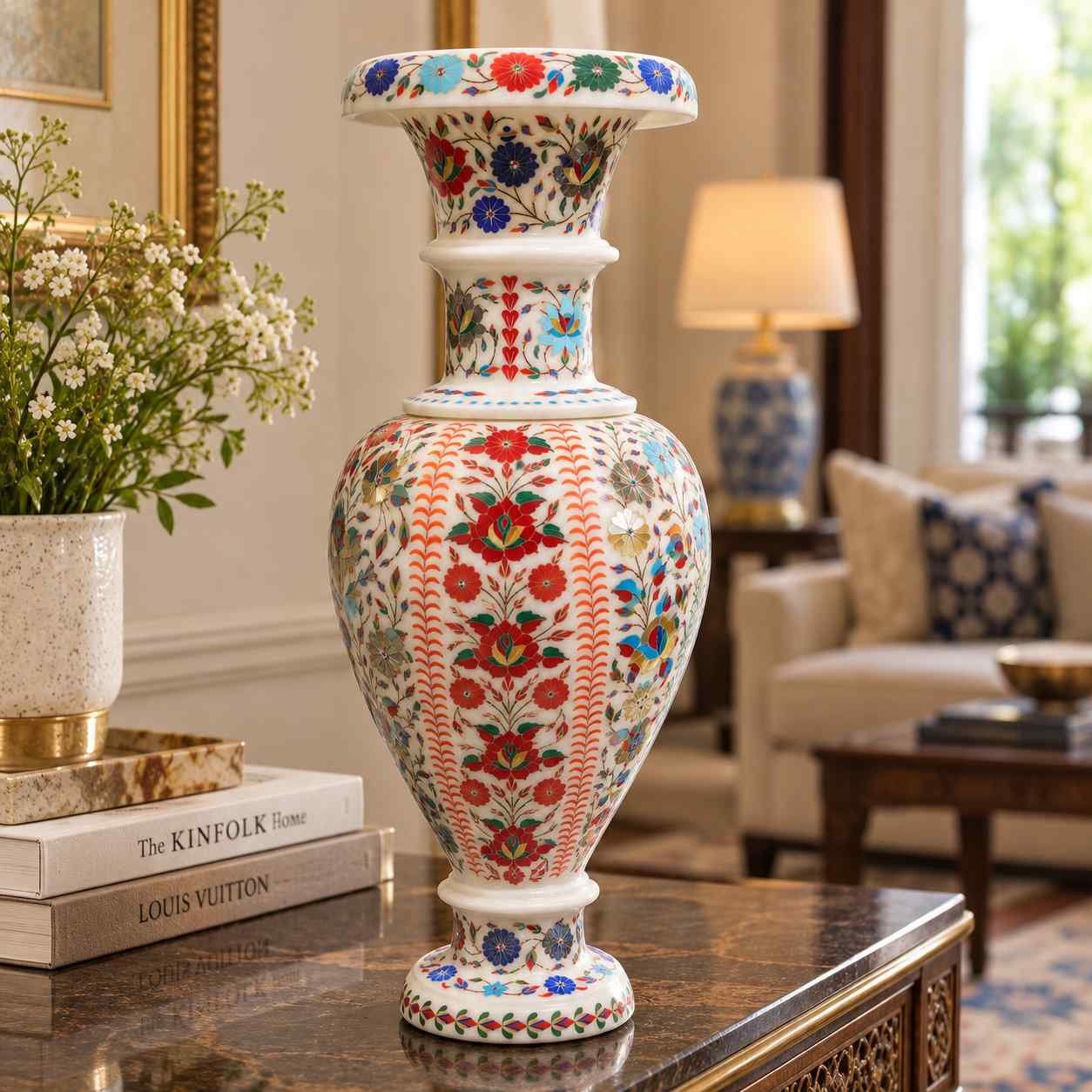 24-Inch Floral Panel Marble Inlay Vase with Pedestal Base close detail