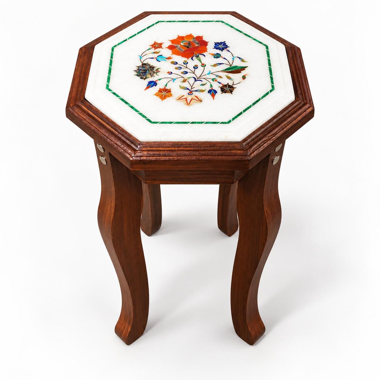 9-Inch Octagonal Flower Bouquet & Malachite Border Marble Inlay Table Top | Wooden Stand Option alternate view