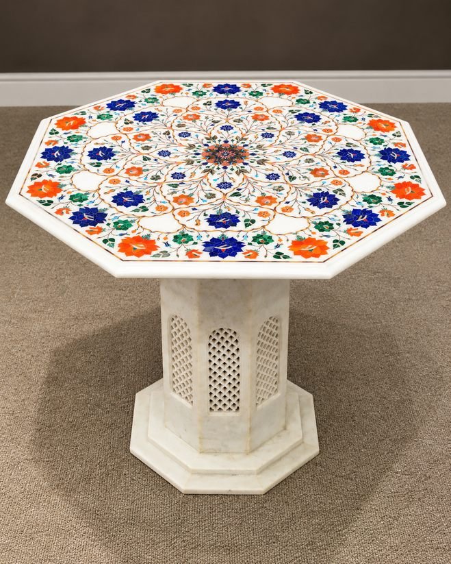 24-Inch Octagonal Lapis Lazuli & Carnelian Floral Marble Inlay Table Top close detail