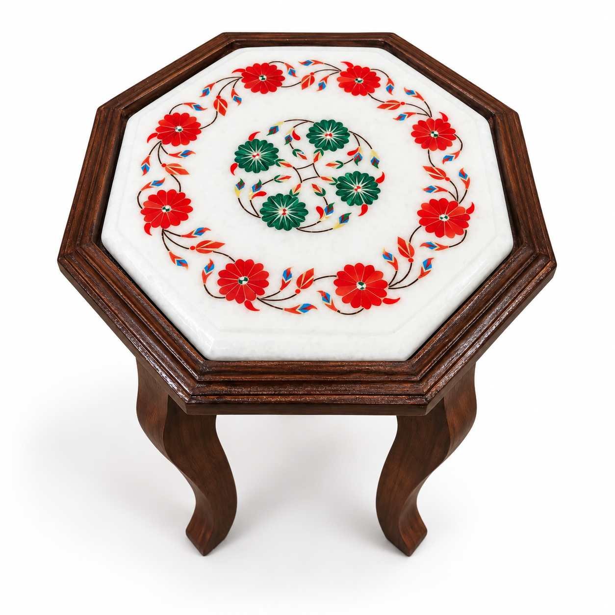 9-Inch Octagonal Carnelian & Malachite Floral Wreath Marble Inlay Table Top | Wooden Stand Option alternate view