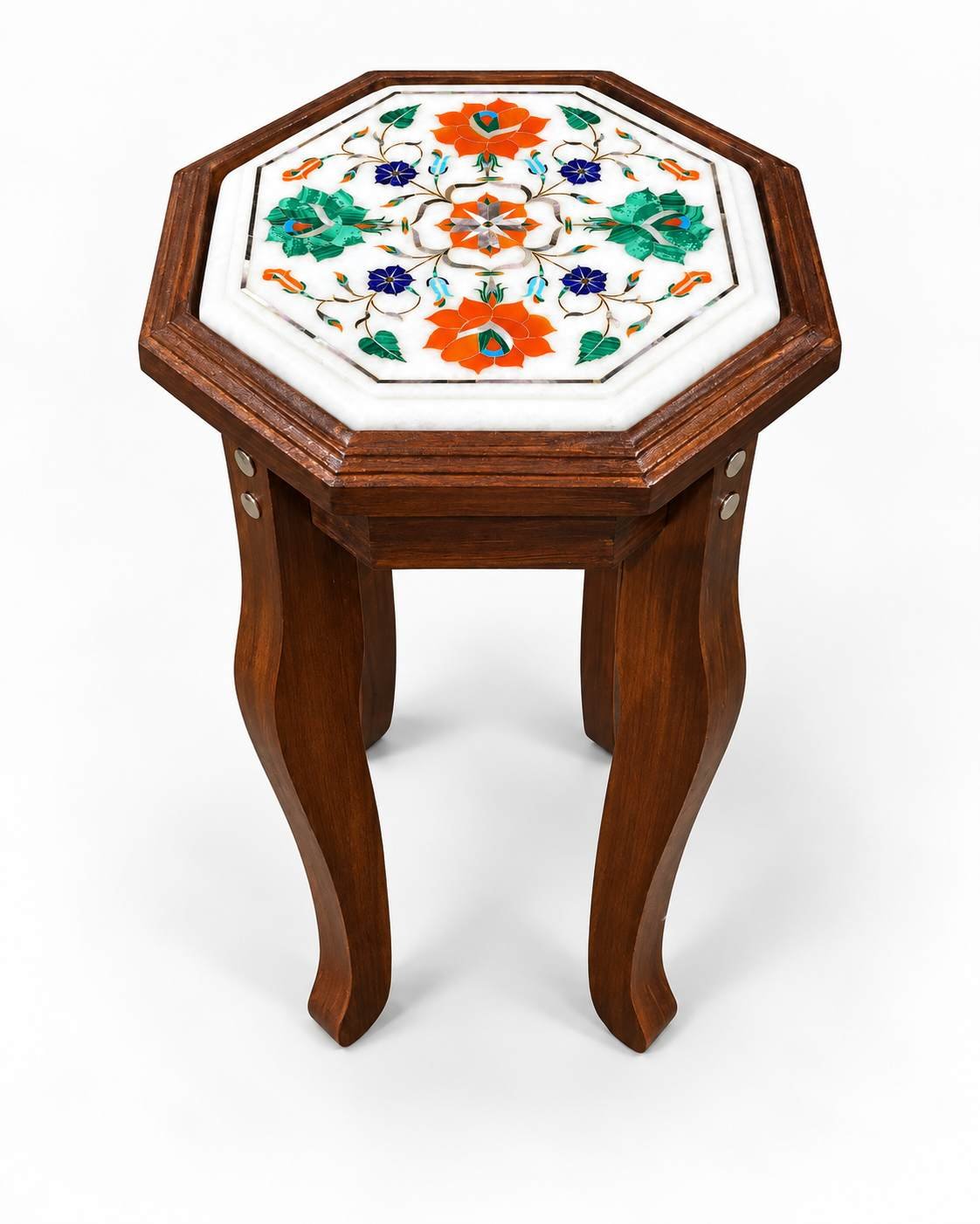 9-Inch Octagonal Carnelian & Malachite Garden Marble Inlay Table Top | Wooden Stand Option alternate view