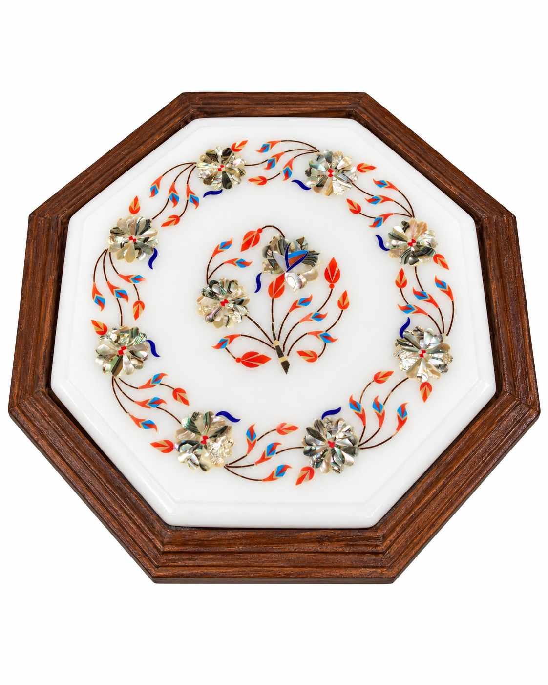 9-Inch Octagonal Carnelian & Lapis Floral Garland Marble Inlay Table Top | Wooden Stand Option alternate view
