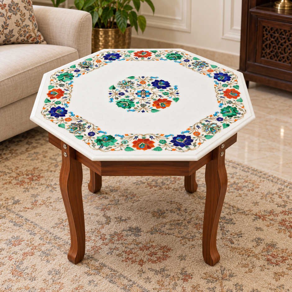 22-Inch Malachite & Abalone Floral Medallion Marble Inlay Table Top close detail