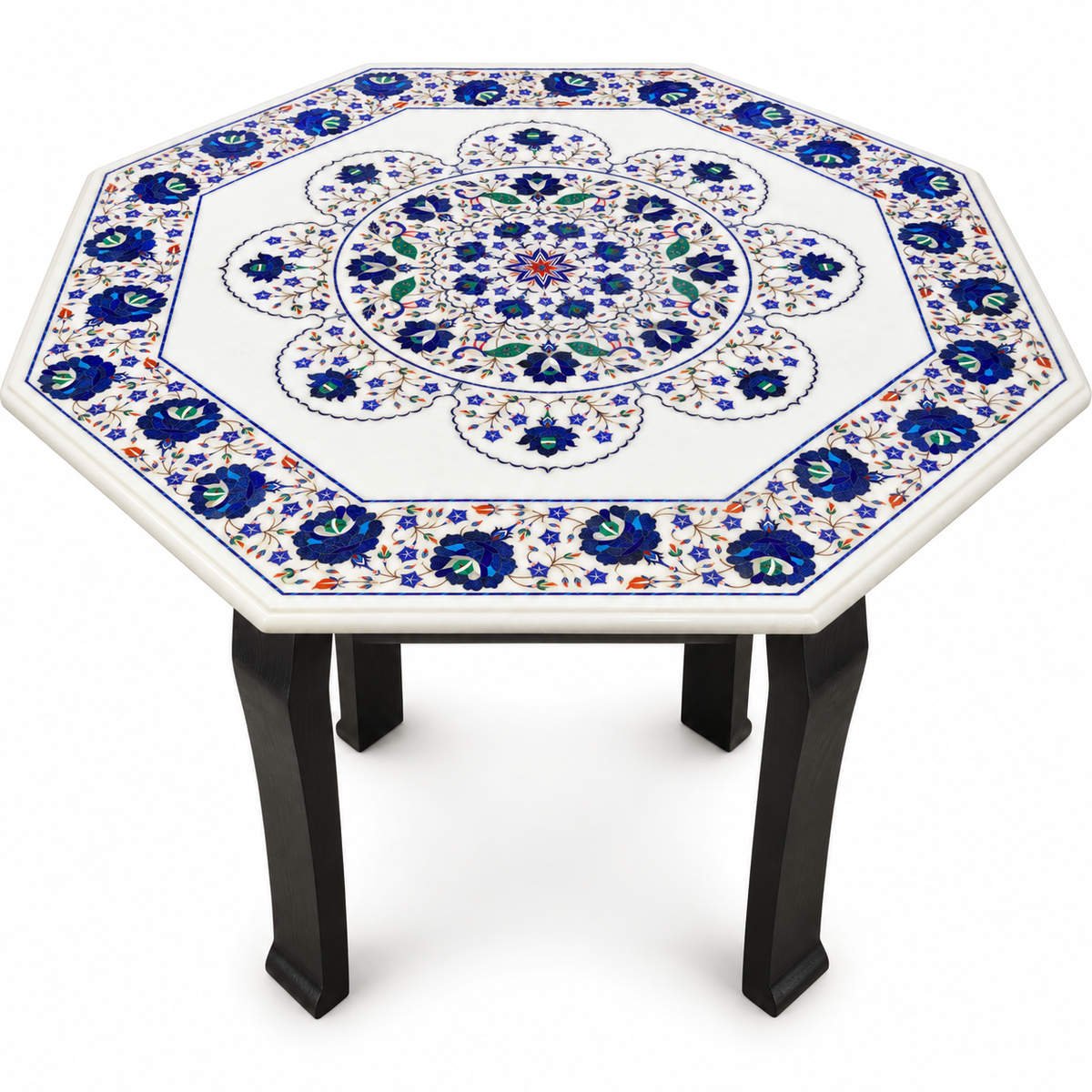 36-Inch Octagonal Peacock & Lapis Lazuli Marble Inlay Table Top close detail