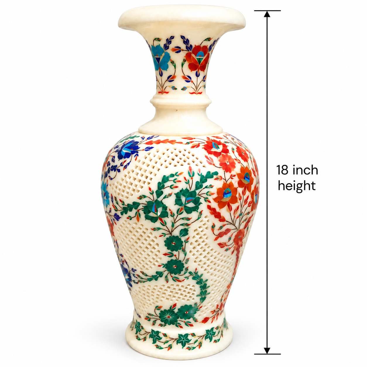 18-Inch Carnelian & Malachite Floral Marble Inlay Vase with Jali Carving close detail