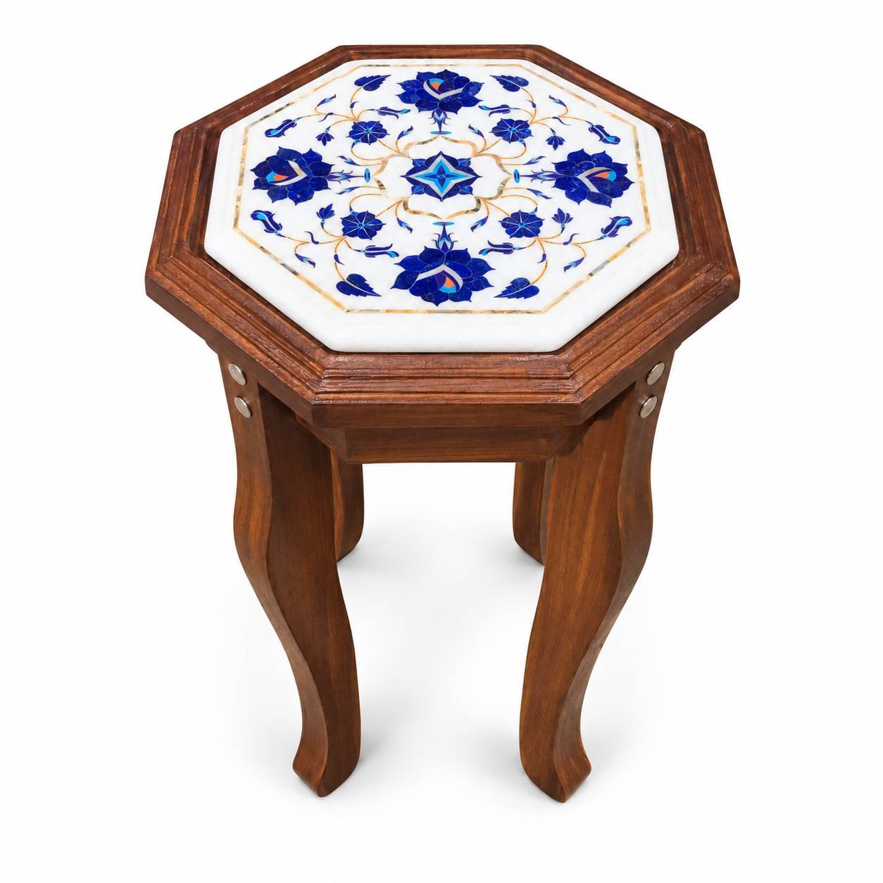 9-Inch Octagonal Lapis Lazuli Star & Floral Marble Inlay Table Top | Wooden Stand Option alternate view