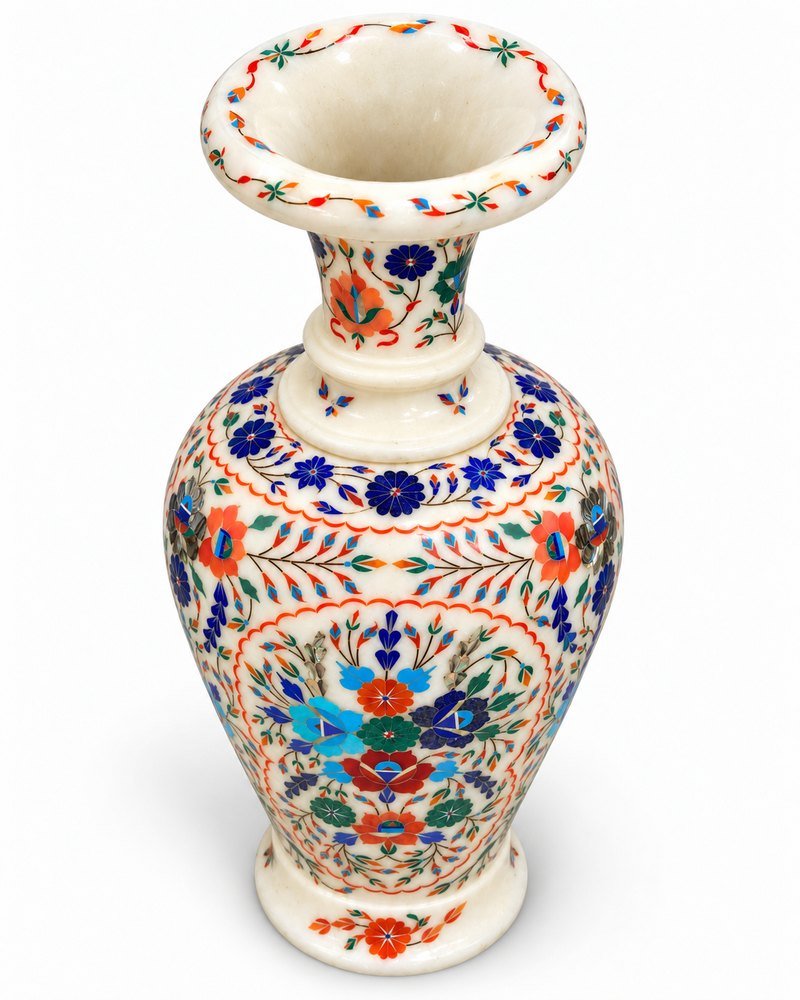 18-Inch Floral Medallion Marble Inlay Vase with Scalloped Borders alternate view