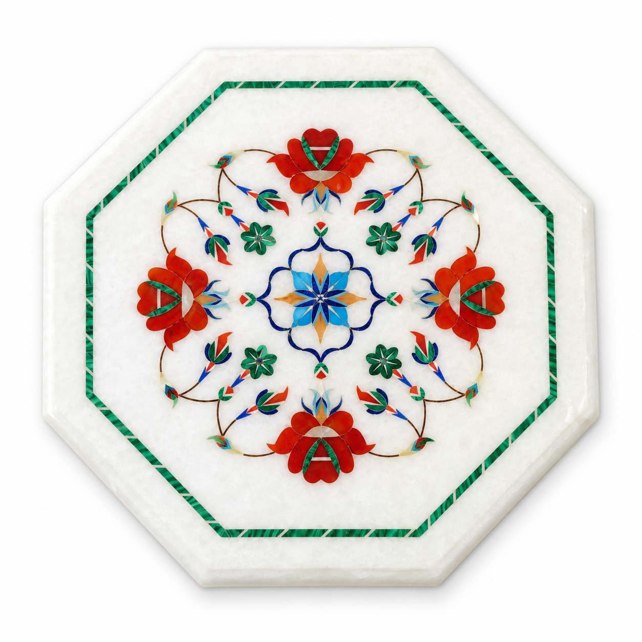 9-Inch Octagonal Four-Flower Stone Medallion Marble Inlay Table Top | Wooden Stand Option close detail