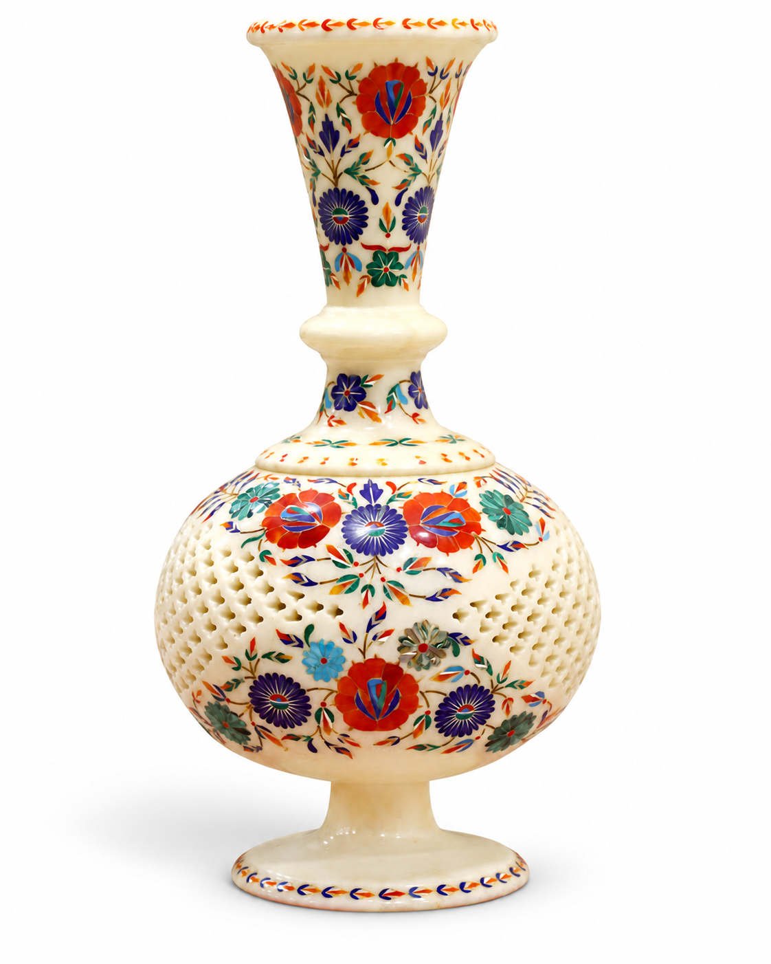 12-Inch Floral Marble Inlay Vase with Pierced Jali Carving close detail