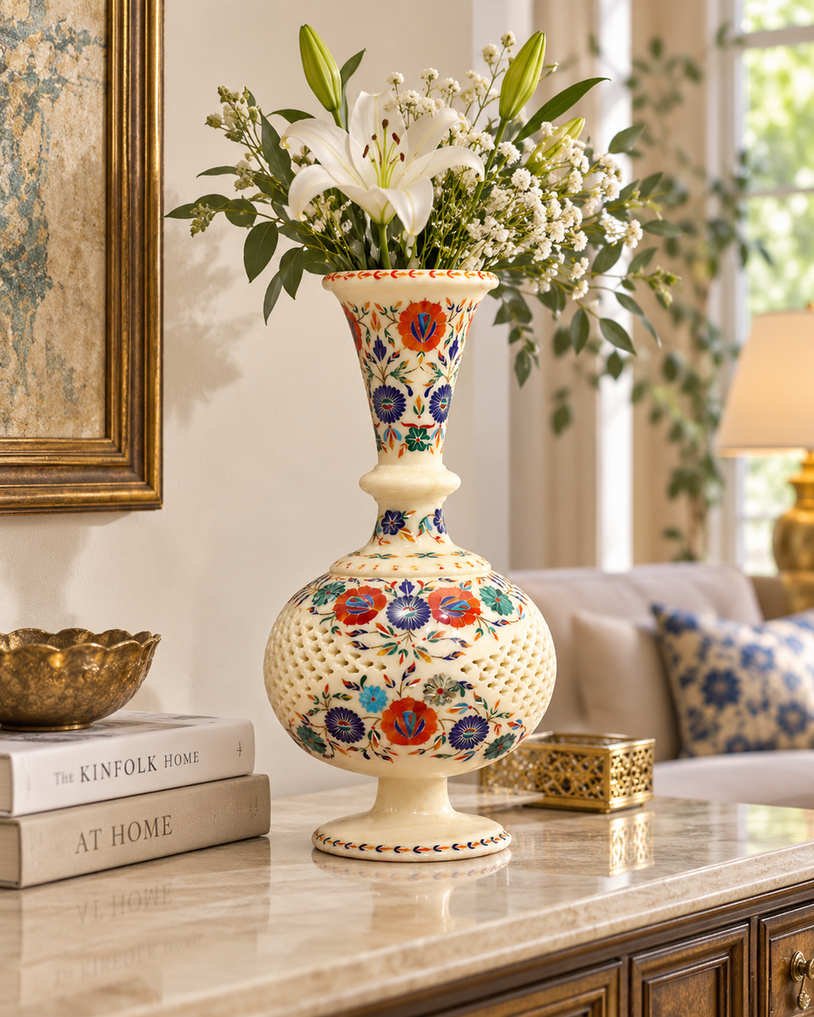 12-Inch Floral Marble Inlay Vase with Pierced Jali Carving alternate view