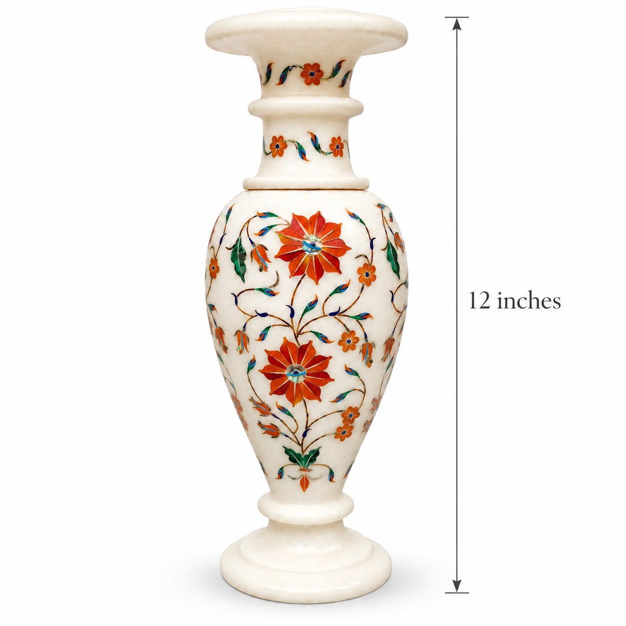 12-Inch Floral Marble Inlay Vase with Carnelian & Malachite close detail