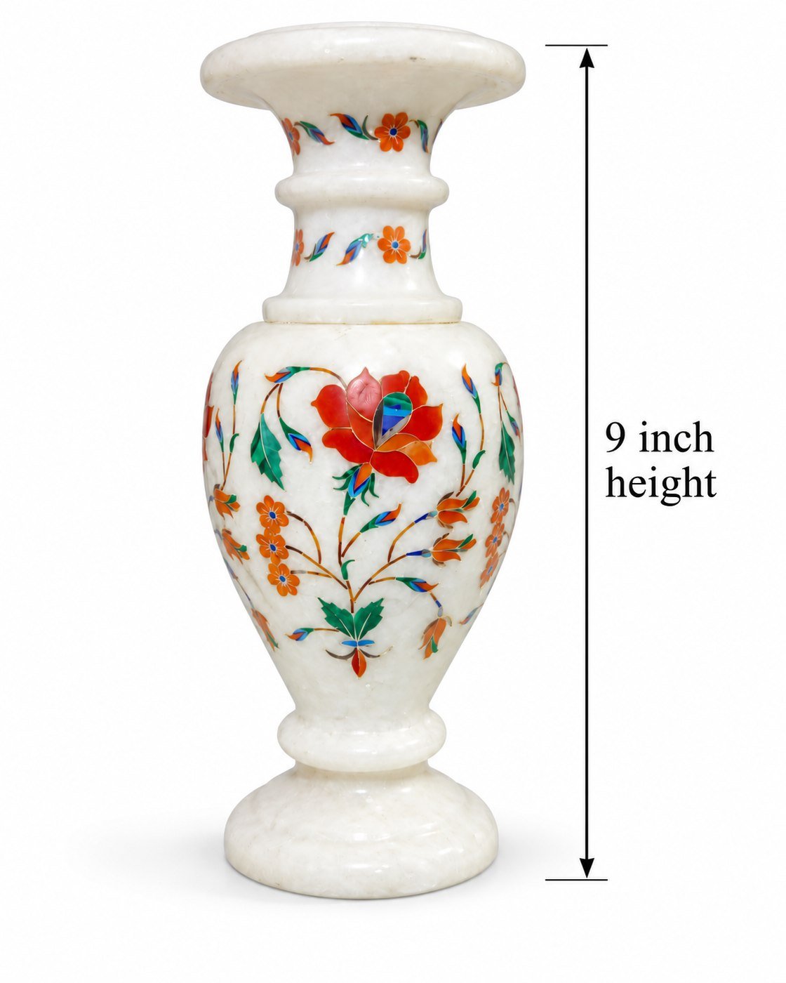 9-Inch Carnelian & Malachite Floral Marble Inlay Vase close detail