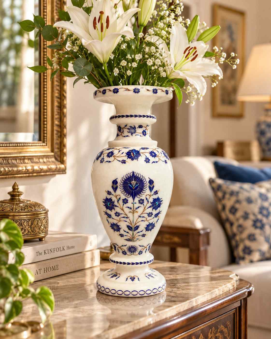 12-Inch Lapis Lazuli & Shell Floral Marble Inlay Vase alternate view