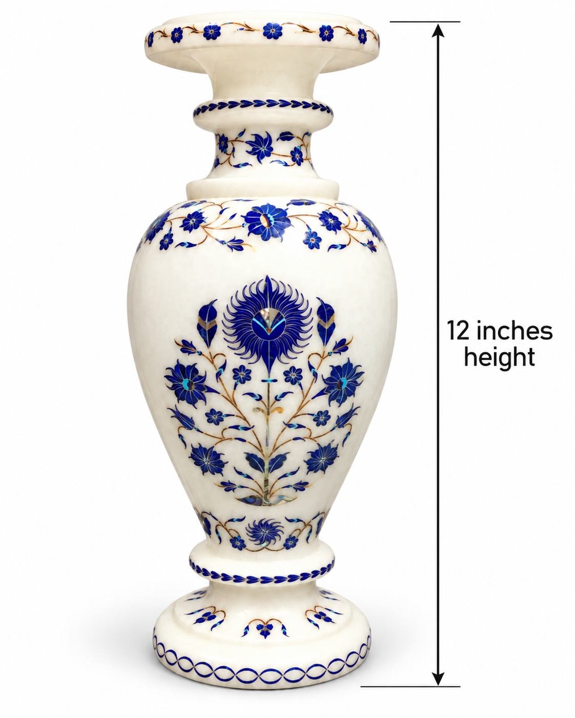12-Inch Lapis Lazuli & Shell Floral Marble Inlay Vase close detail