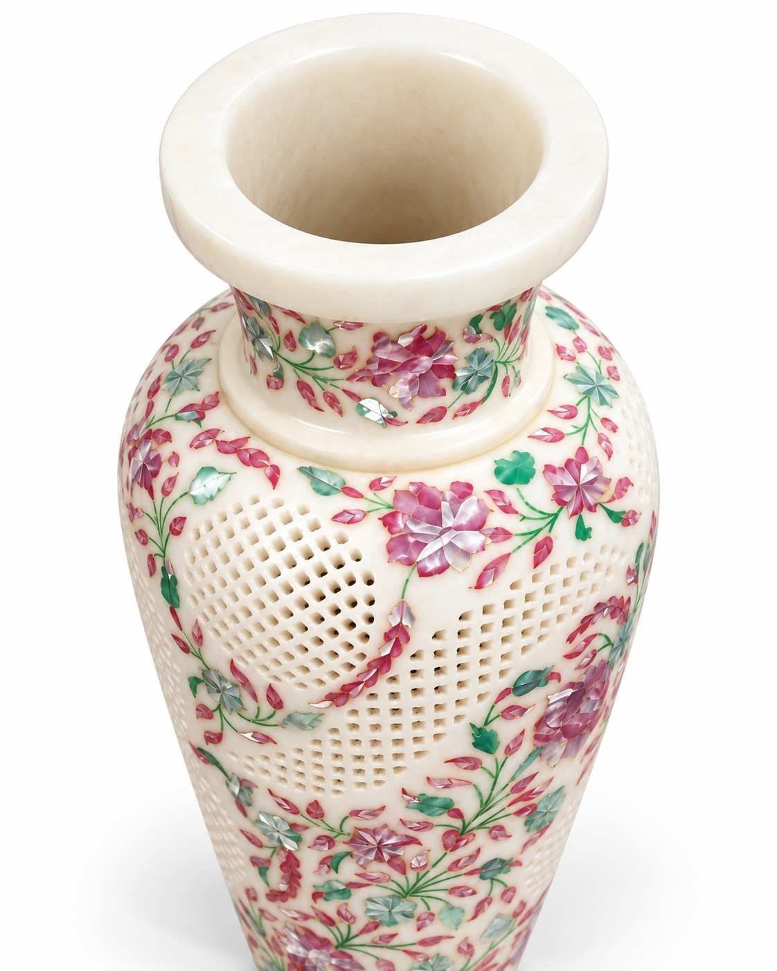 15-Inch Mother of Pearl Marble Inlay Vase with Jali Carving alternate view