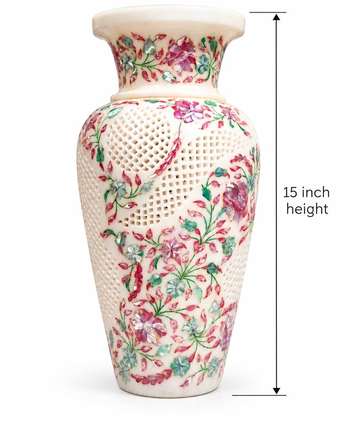 15-Inch Mother of Pearl Marble Inlay Vase with Jali Carving close detail