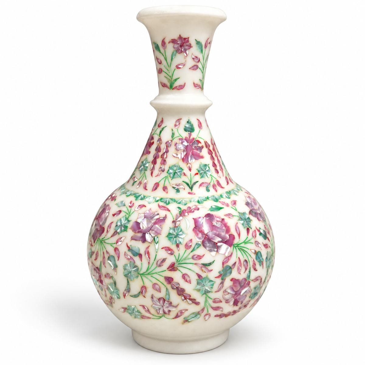 15-Inch Mother of Pearl & Malachite Marble Inlay Vase close detail