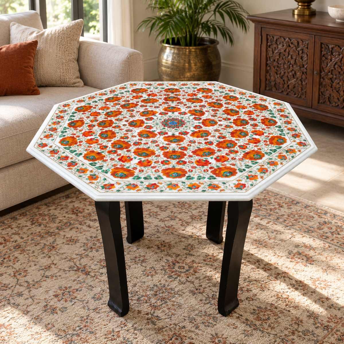 36-Inch Octagonal Carnelian Rose Marble Inlay Table Top close detail
