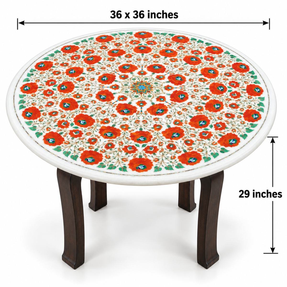36-Inch Round Carnelian Rose Marble Inlay Dining Table Top close detail